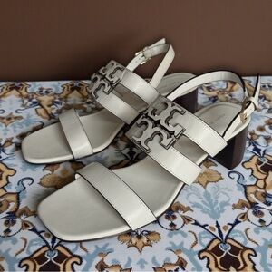 Tory Burch Ines Slingback Leather Logo Strap Heeled Sandals White